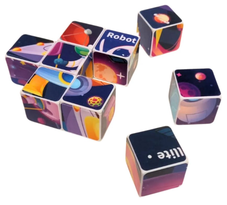 Set 6 cuburi puzzle din lemn, Spatiu, 36 luni+ - imagine 4