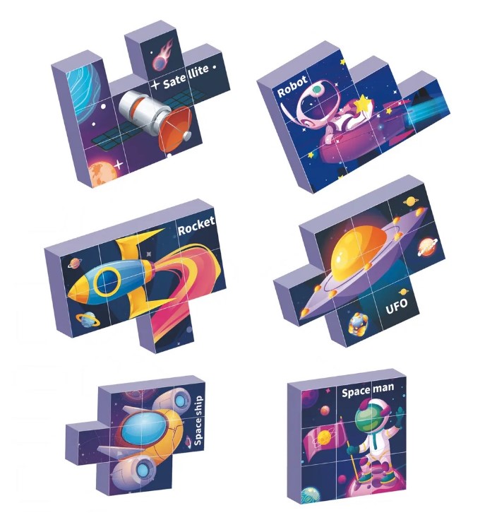 Set 6 cuburi puzzle din lemn, Spatiu, 36 luni+ - imagine 2
