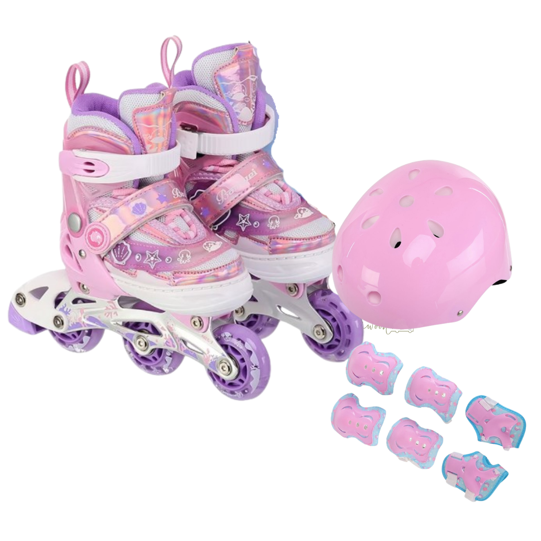 Set Role reglabile si echipament protectie, 27-30 cm, Roz