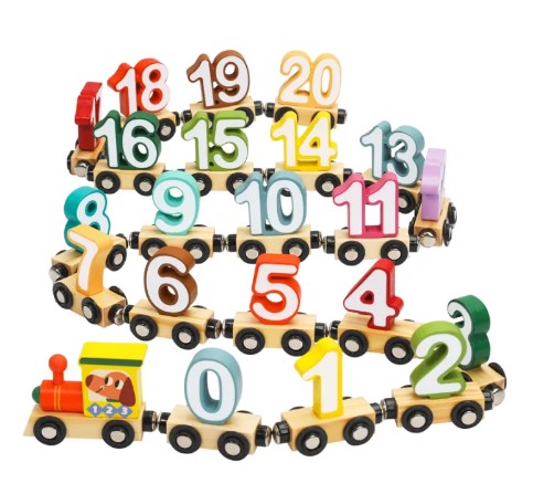 Trenulet din lemn cu piese magnetice, Cifre 0-20, 27 piese, jucărie educativa Montessori, 3 ani+