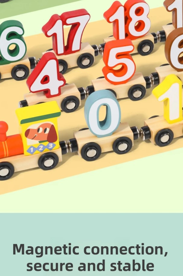 Trenulet din lemn cu piese magnetice, Cifre 0-20, 27 piese, jucărie educativa Montessori, 3 ani+ - imagine 3