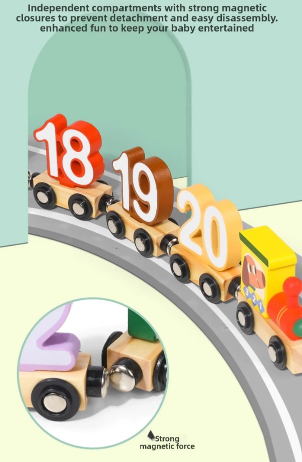 Trenulet din lemn cu piese magnetice, Cifre 0-20, 27 piese, jucărie educativa Montessori, 3 ani+ - imagine 5