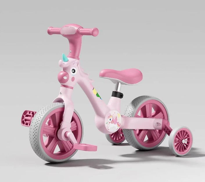 Tricicletă 2 in 1, transformabila,cu roti ajutatoare si pedale detasabile, 3 ani+, Unicorn Roz - imagine 2