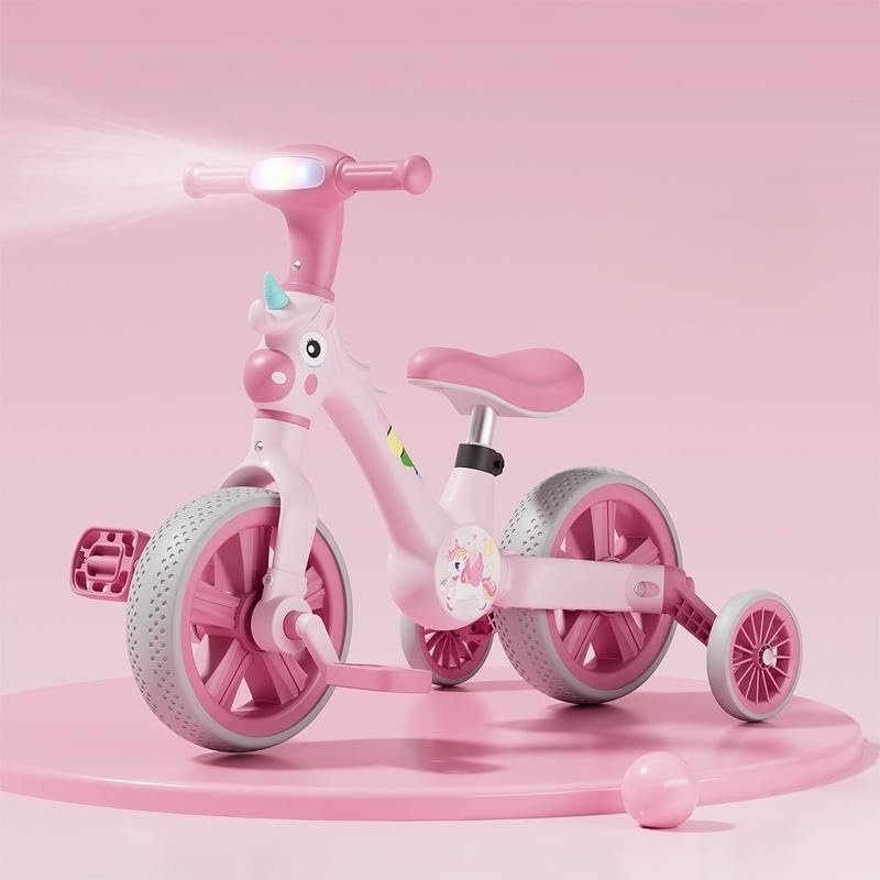 Tricicletă 2 in 1, transformabila,cu roti ajutatoare si pedale detasabile, 3 ani+, Unicorn Roz