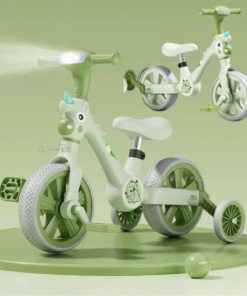 Tricicletă 2 in 1, transformabila,cu roti ajutatoare si pedale detasabile, 3 ani+, Unicorn Verde