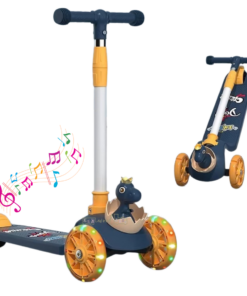 Trotinetă pentru copii cu 3 roți, ajustabilă, pliabila cu lumini LED, sunete, 3 ani, Dino