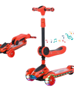 Trotinetă pliabila pentru copii cu scaunel si 3 roți, lumini LED, sunete, 3-10 ani, Rosu